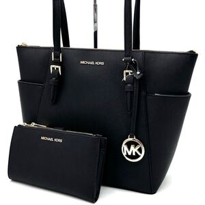 Michael Kors Large Charlotte Tote Bag & Large Double Zip Wallet Black